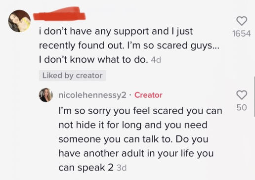 Comment of teen saying she is pregnant and scared.