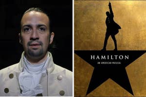 Alexander Hamilton on stage next to the iconic playbill