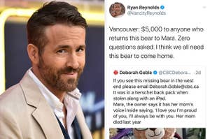 Ryan Reynolds next to a screenshot of a tweet offering a reward for a stolen teddy bear