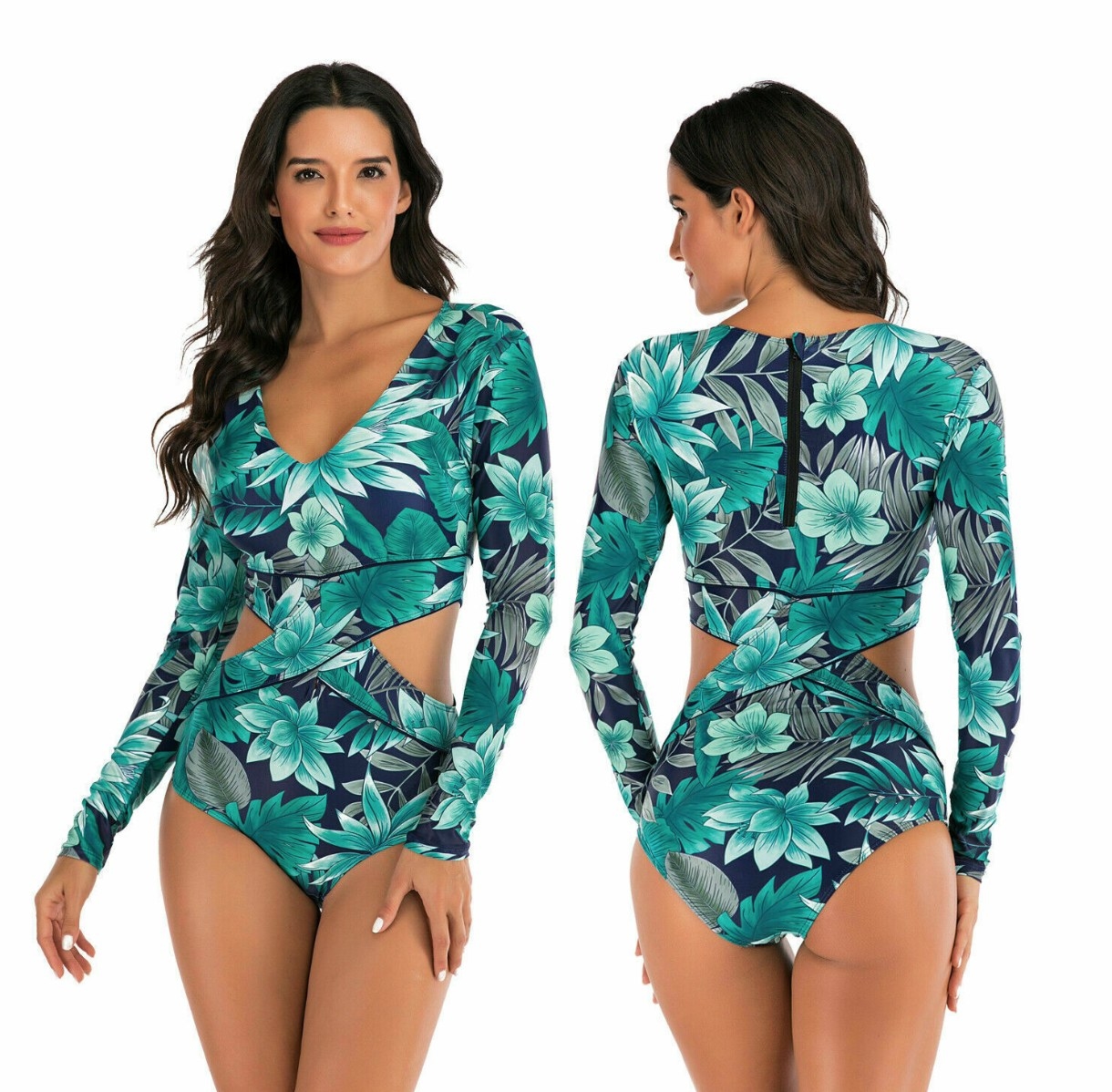 a model in a long sleeve leaf print swim suit with cut outs in the side 