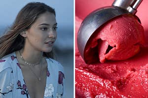 Sarah from Outer Banks and a metal ice cream scooper scooping a beautiful dark pink ice cream