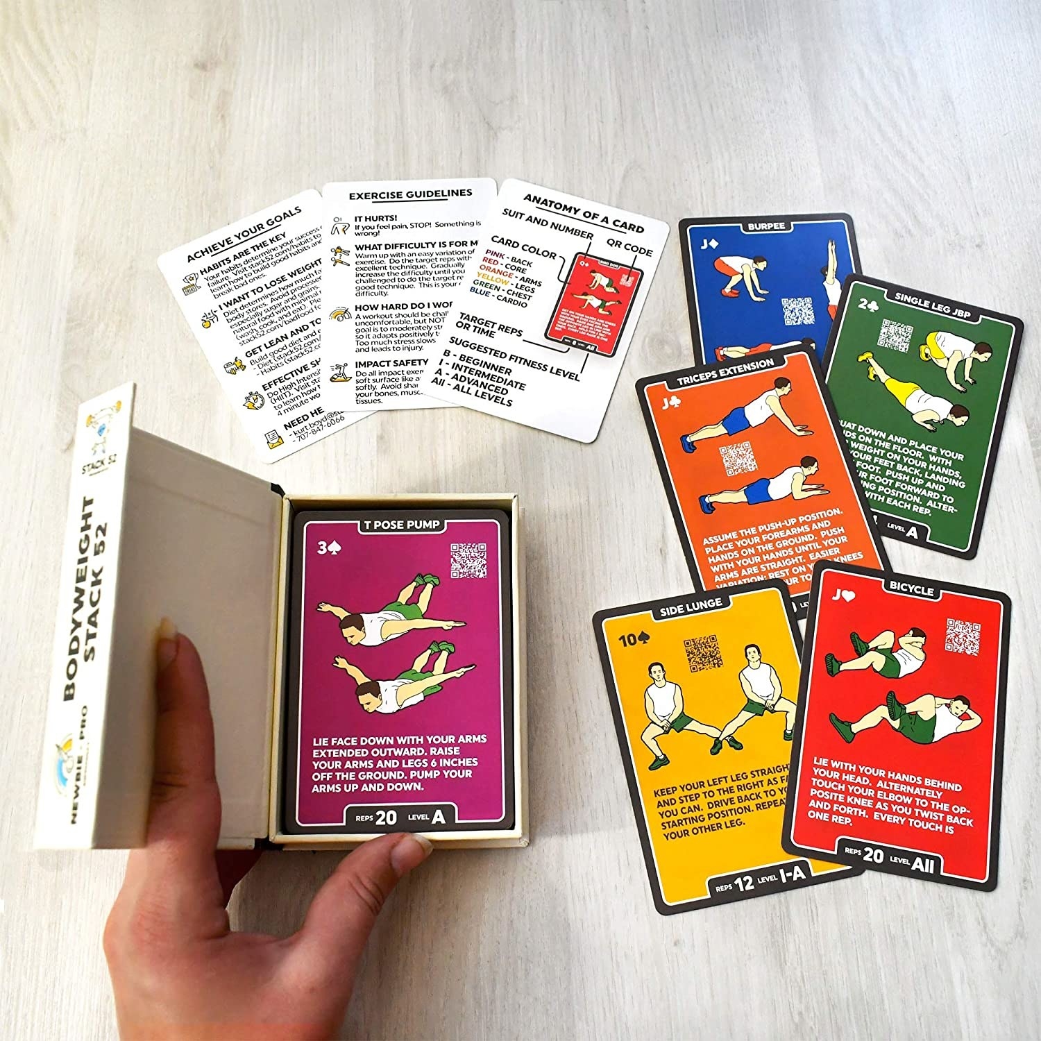 A set of cards, each printed with different bodyweight exercises and instructions to do them