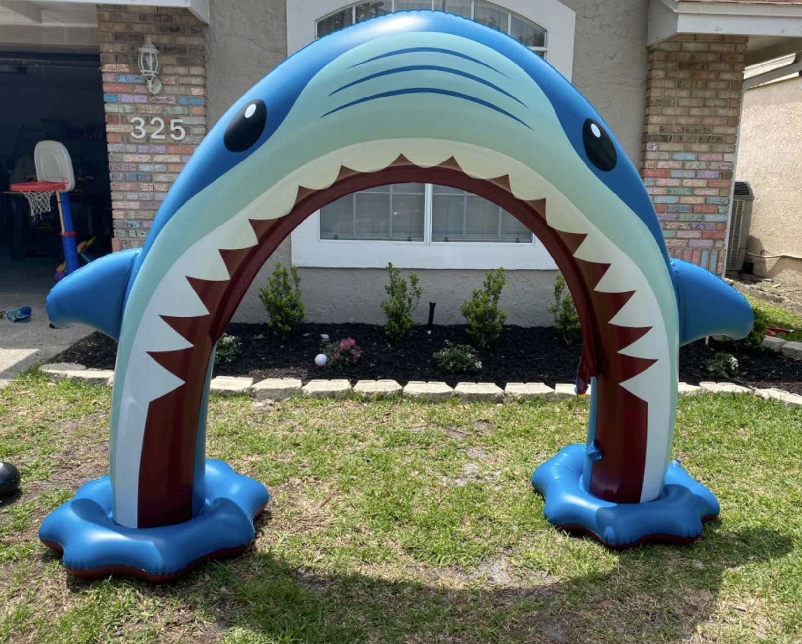reviewer photo of the inflatable shark sprinkler