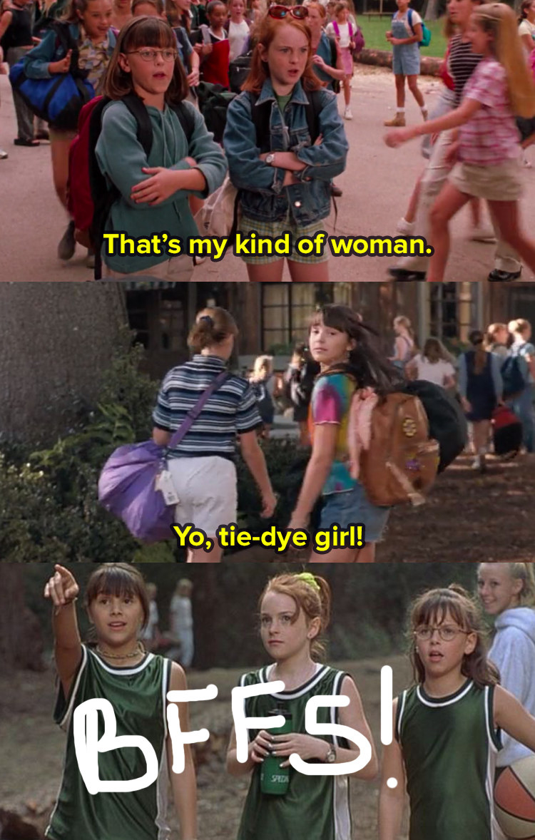 3 images from The Parent Trap. In image 1 Hallie stands with a girl by a pile of bags and they look at someone off screen and say that&#x27;s my kind of woman. In image 2 the girl turns around and Hallie says yo, tie-dye girl. In image 3 they are all together