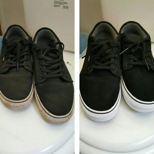 Reviewer&#x27;s before-and-after of dirty black sneaker with ruined white soles and then totally clean sneakers with perfectly white soles 