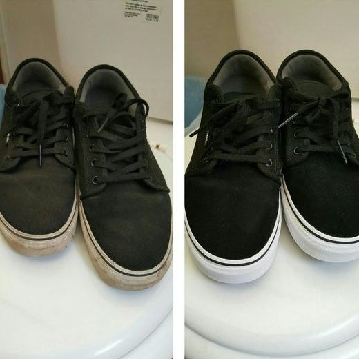 Reviewer&#x27;s before-and-after of dirty black sneaker with ruined white soles and then totally clean sneakers with perfectly white soles 