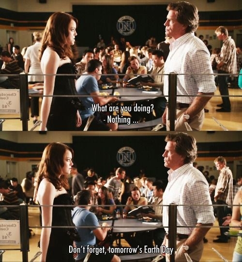 A stacked image showing stills from the movie Easy A. Olive stands with her teacher in the canteen. He says what are you doing and she replies nothing. He then says don&#x27;t forget tomorrow&#x27;s Earth Day