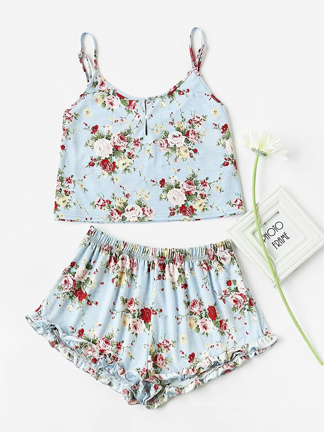 A pair of frilled short and a short cami