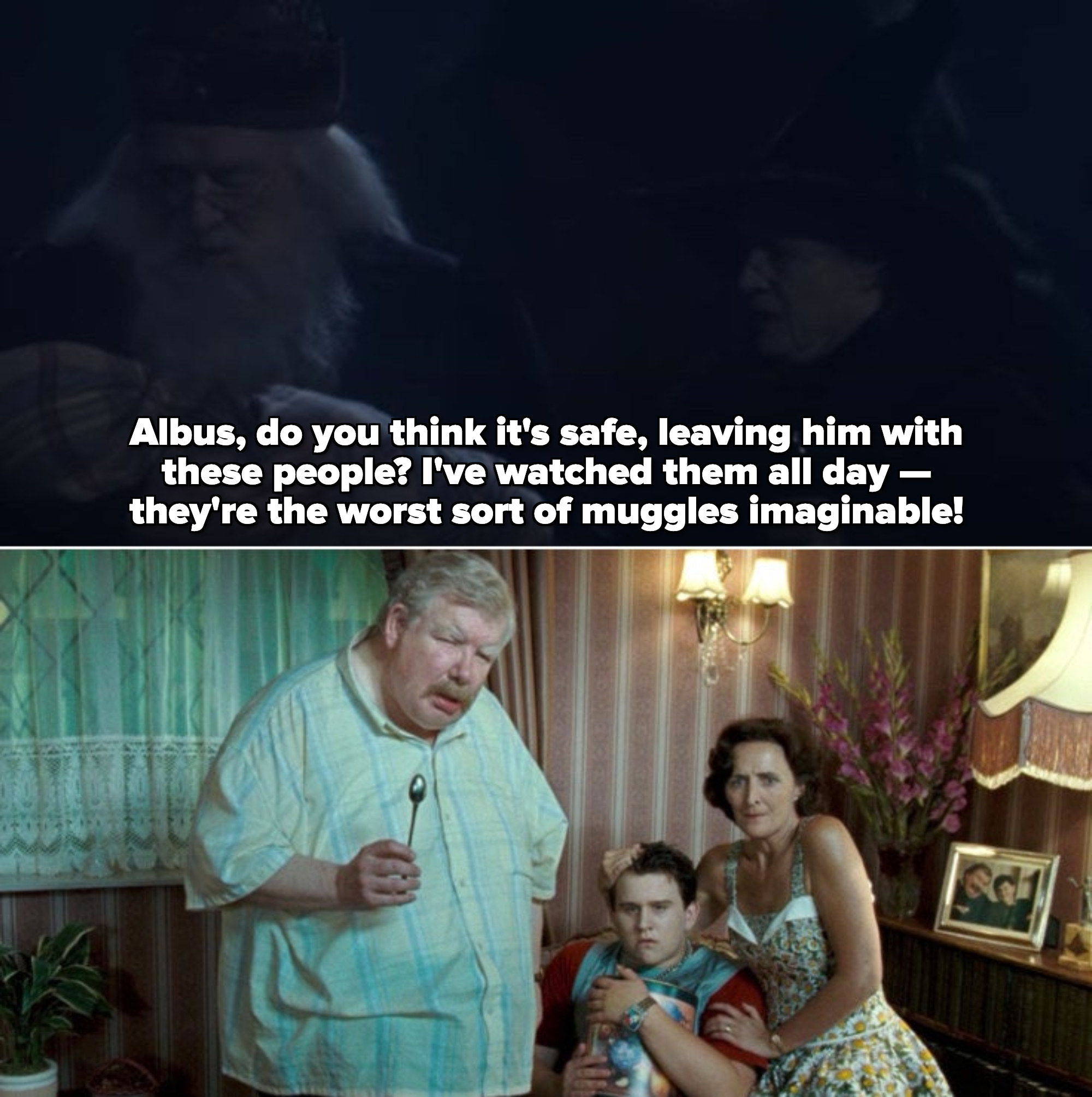 Dumbledore holding baby Harry while McGonagall questions leaving him to The Dursleys; The Dursleys staring at Harry with hate and cruelty, after Harry and Dudley ran into some bad wizards in the Muggle world