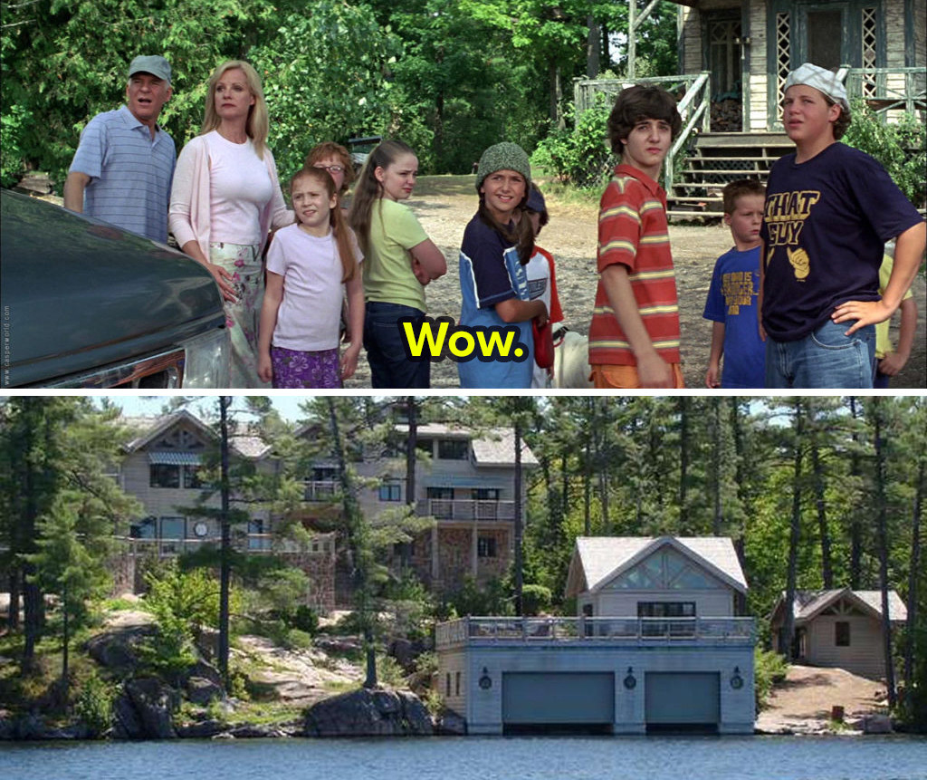 A stacked image shows stills from Cheaper by the Dozen in which the family stand by their car and look at something off screen while Sarah says wow. The second image shows a luxurious lake house