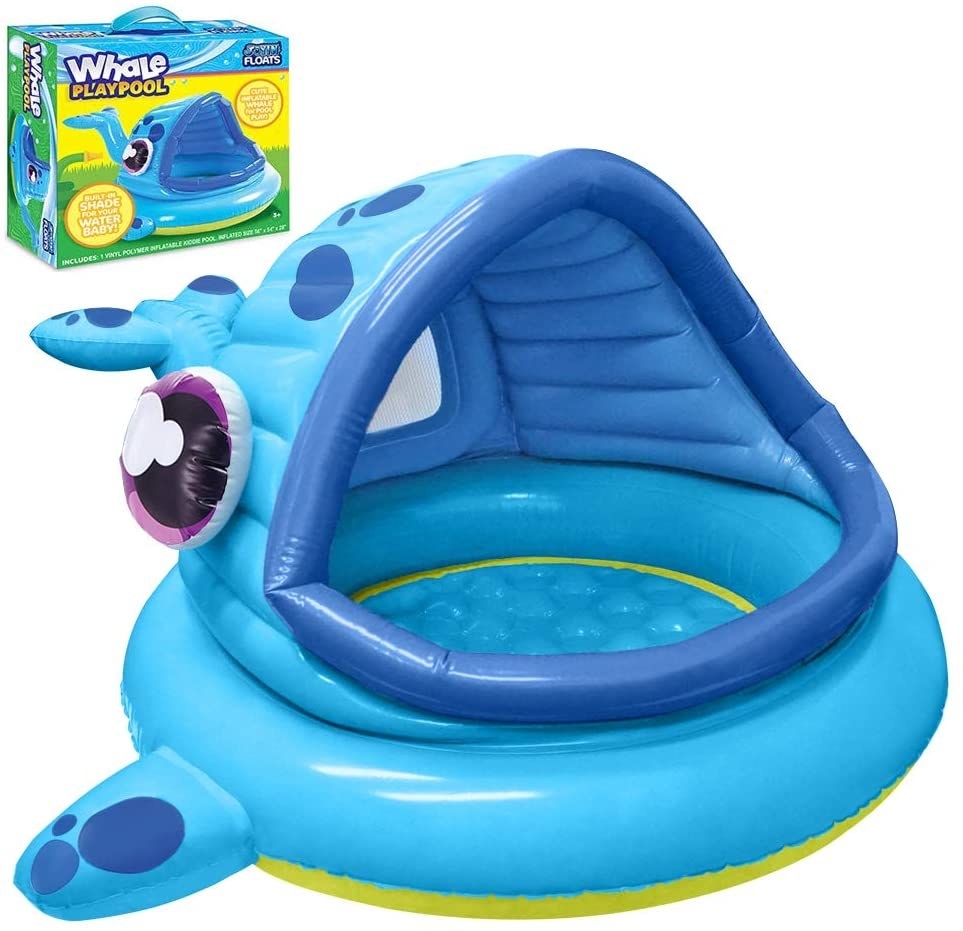 A light and dark blue inflatable whale pool