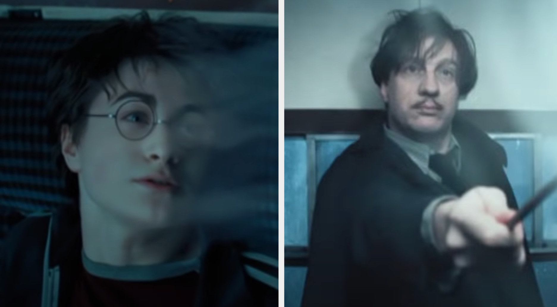 A dementor sucking the happiness out of Harry on the Hogwarts Express, and Lupin standing up with determination to curse the dementor away