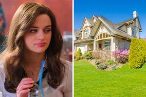 On the left, Joey King as Elle in "The Kissing Booth 2," and on the right, a luxury house on a hill with a garden out front