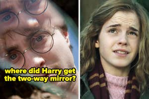 Harry staring at the two-way mirror with sadness and confusion; Hermione relaying a message from Ron to Harry, confused by her paraphrasing