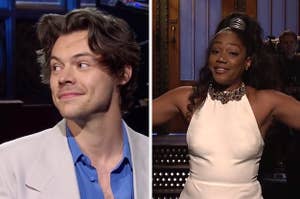 Harry Styles playing the piano during the cold open; Tiffany Haddish wearing her famous dress, doing her monologue on the main SNL stage