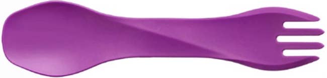 purple plastic utensil with a spoon at one end and a fork on the other