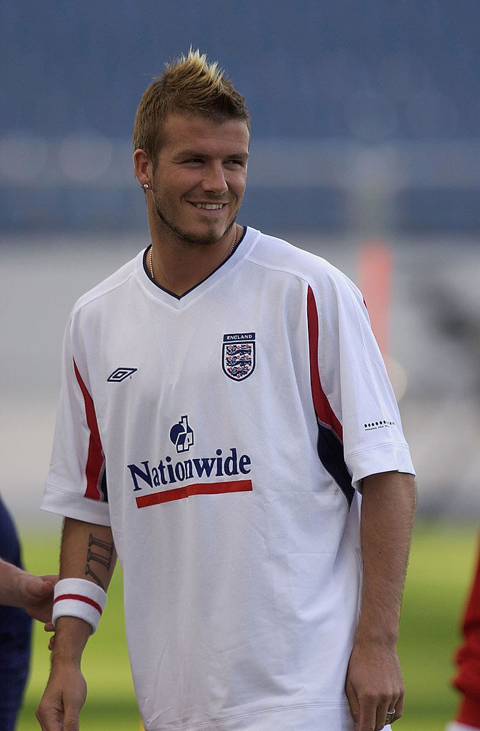 A photo of David Beckham during a practice sporting a faux hawks.