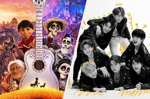 A poster of the movie Coco and a picture of BTS