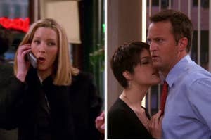 Alternate universe Phoebe wears all back and talks on a cellphone. On the right, Chandler looks shocked and worried as his coworker tries to kiss him