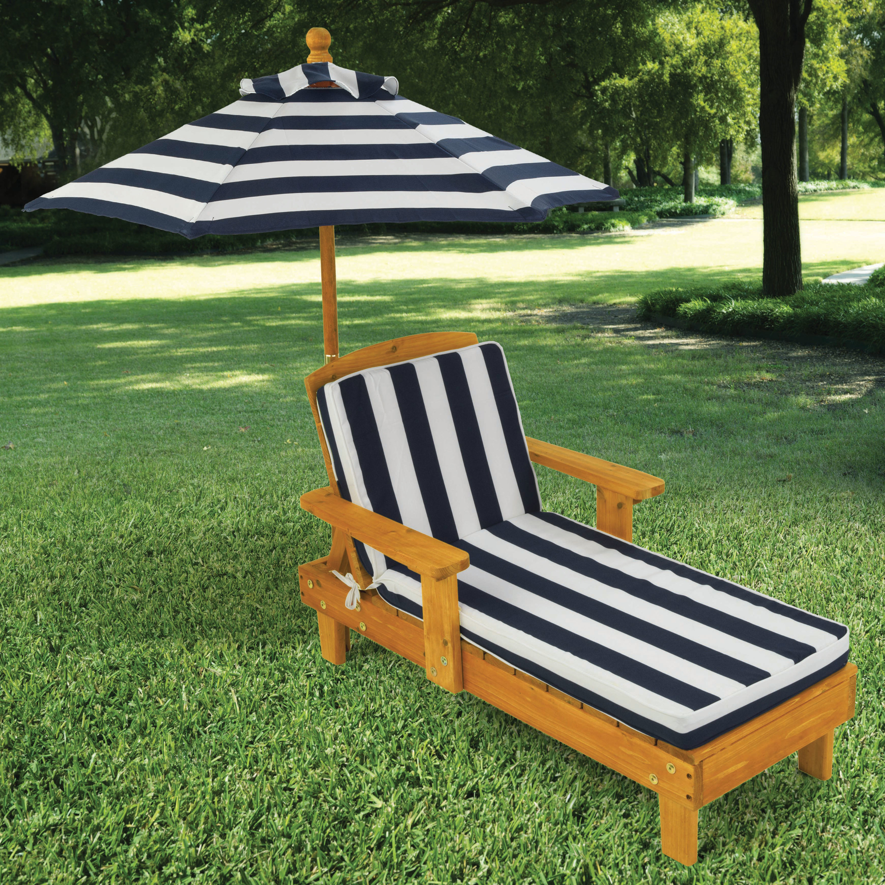 the chaise with an umbrella attached - both in a blue and white vertical print