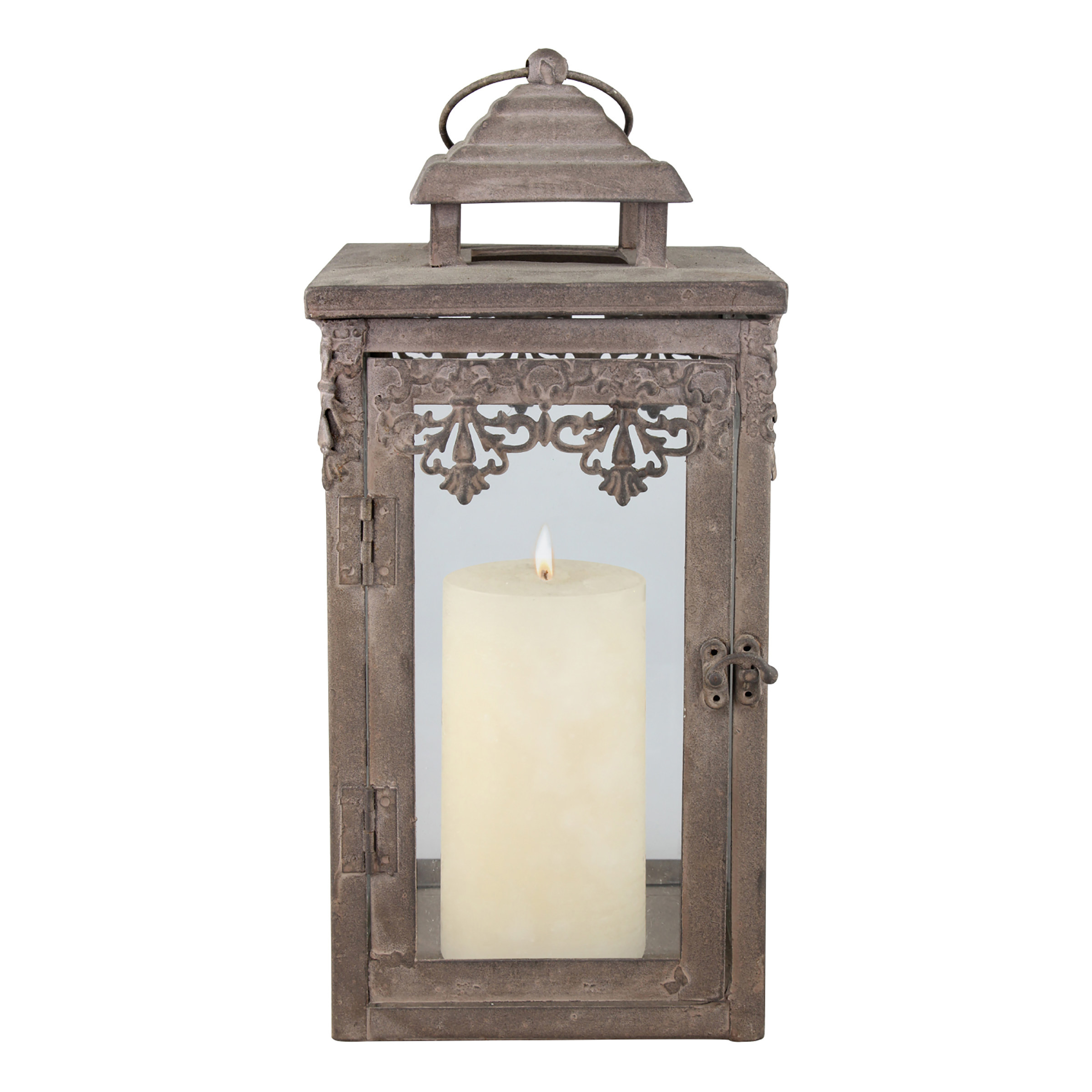 a washed brown metal lantern with a candle inside and small latch door