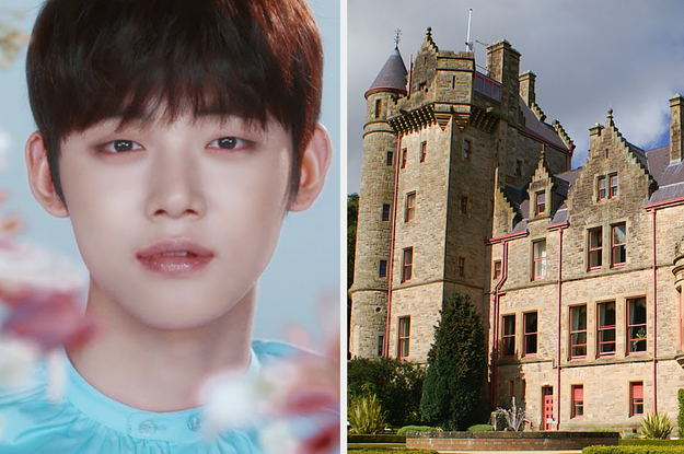 A photo of Yeonjun next to a photo of a sturdy, gothic stone castle