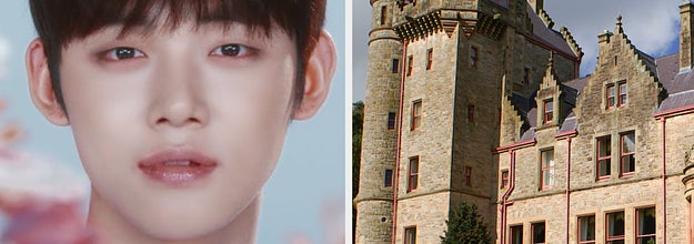 A photo of Yeonjun next to a photo of a sturdy, gothic stone castle