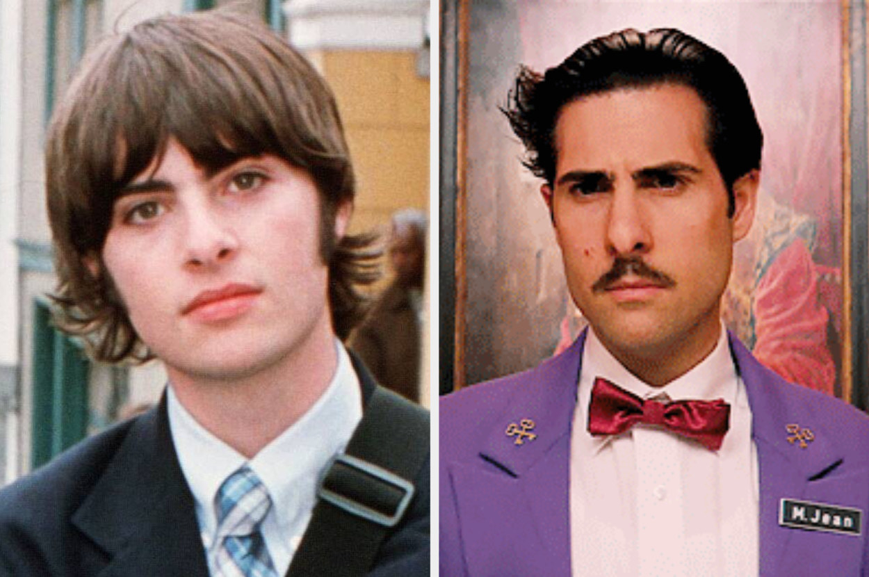 A split image showing Rob Schwartzman in school uniform in the movie The Princess Diaries and Jason Schwartzman in hotel uniform from the movie The Grand Budapest Hotel