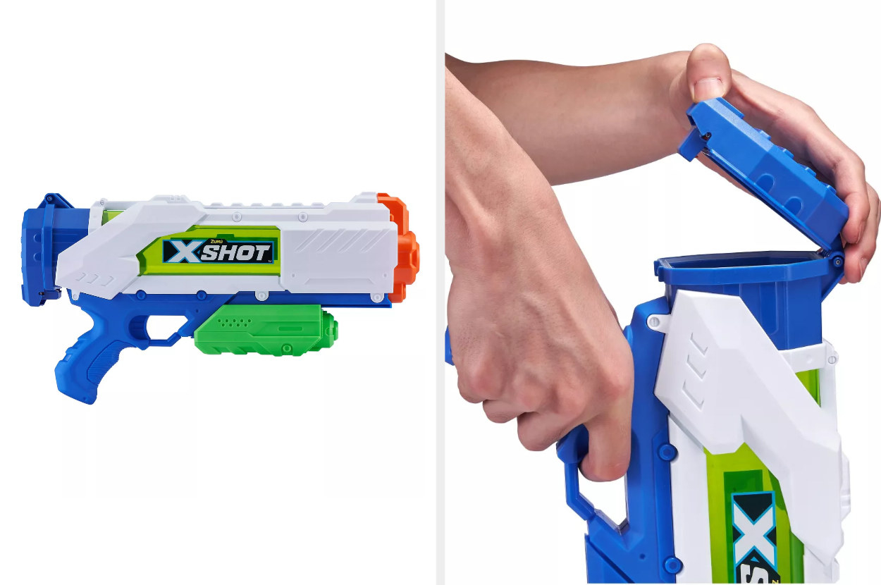 A side by side image of a white, blue and green water blaster and how to fill it with water