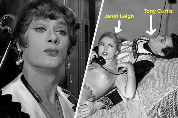 A split image showing Tony Curtis dressed as a woman in Some Like It Hot and the getty image of him lying down off set with her wife Janet Leigh who is on the phone