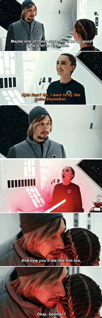 Adam Driver spoofing his &quot;Star Wars&quot; character, Kylo Ren, killing someone with a lightsaber, unable to turn away from the Dark Side
