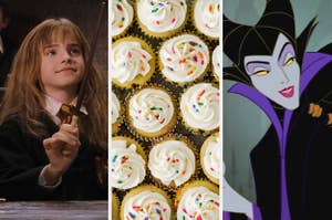 On the left, Hermione Granger holds a wand, in the middle, vanilla cupcakes topped with vanilla frosting and sprinkles, and on the right, Maleficent from "Sleeping Beauty"
