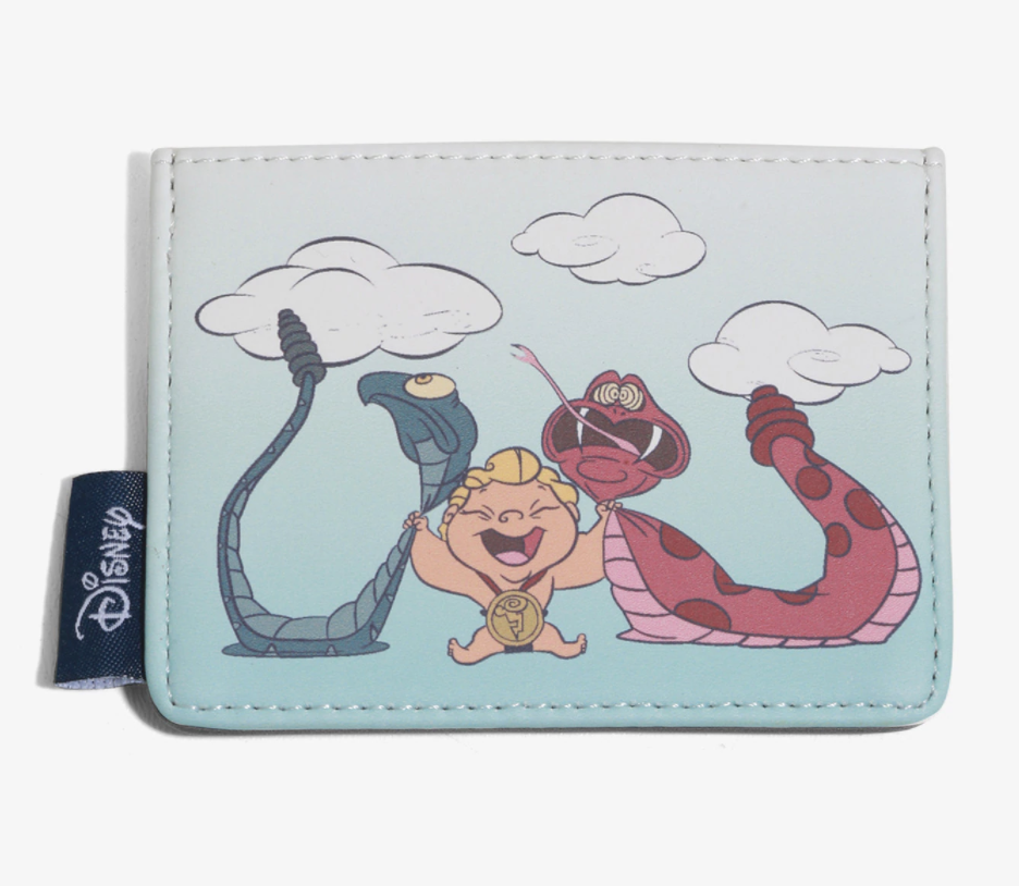 a light blue card holder with an illustration of baby hercules holding the necks of two snakes (pain and panic)