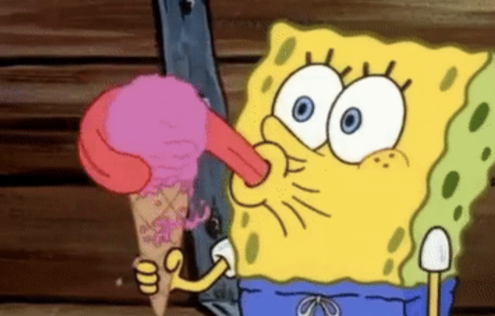Spongebob Squarepants is licking an ice cream cone.