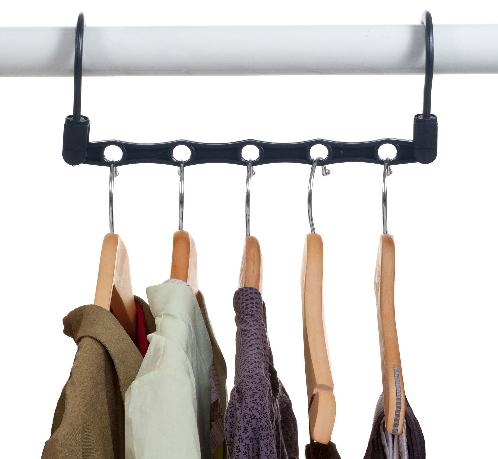 The closet hook with five hanger slots