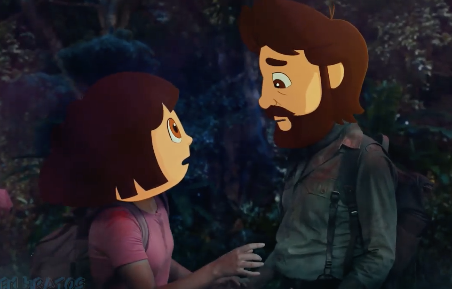 Dora and her friend have human bodies but cartoon heads.