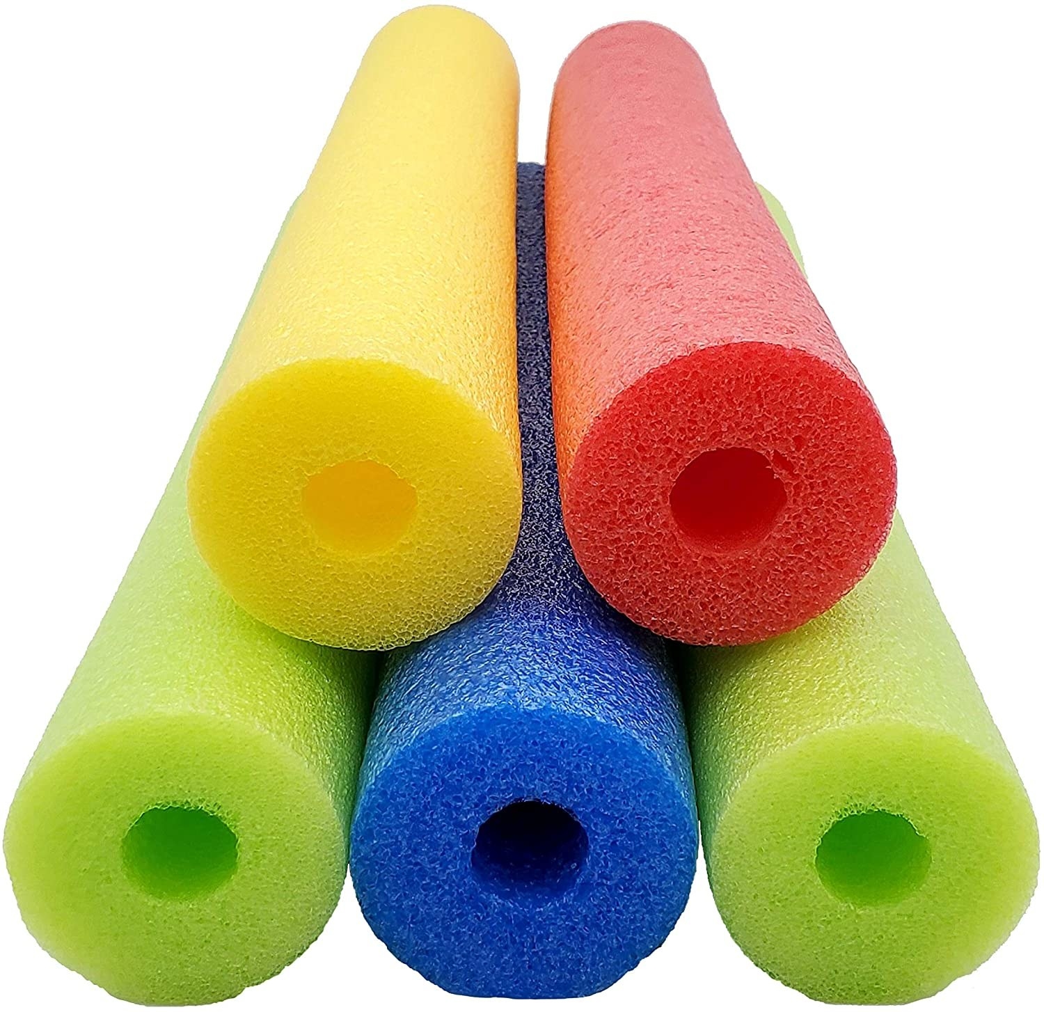 Red, green, yellow, and blue foam pool noodles