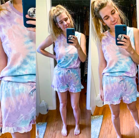A triptych of reviewer selfies in the blue and purple sleeveless set with ruffle-hemmed shorts