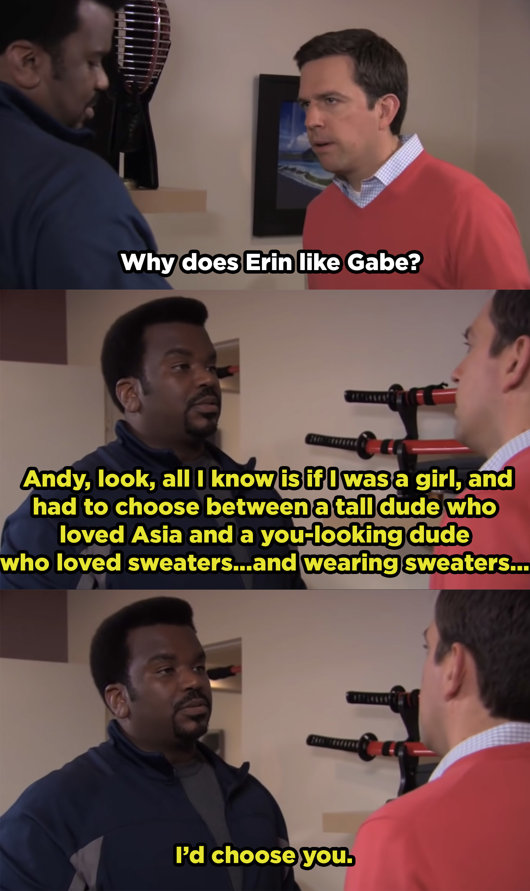 Darryl tells Andy that if he were a girl, he&#x27;d choose Andy over Gabe.