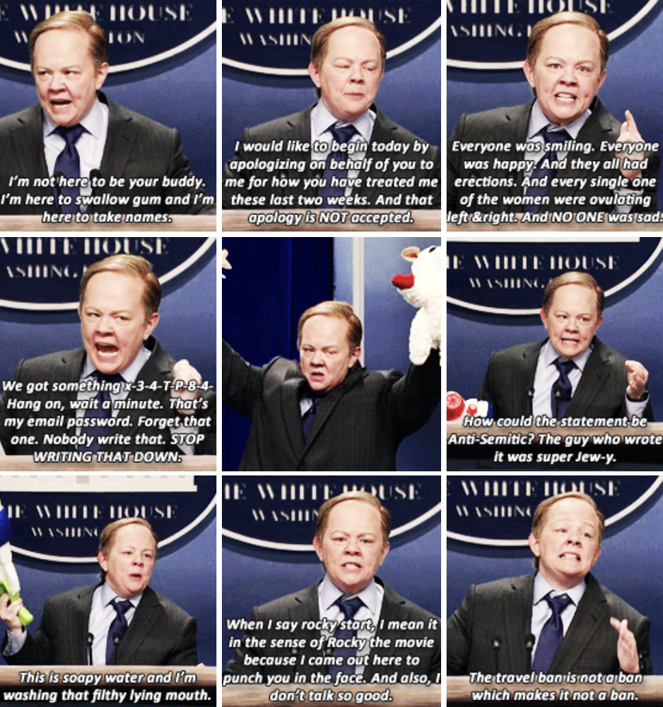 Melissa McCarthy impersonating Sean Spicer, wearing a suit, with an angry and frustrated expression on her face