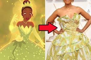 Tiana in her classic fancy gown next to a modern gown with a similar look