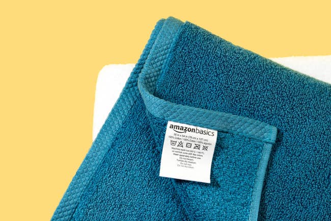 closeup on tag of Amazon Basics towel