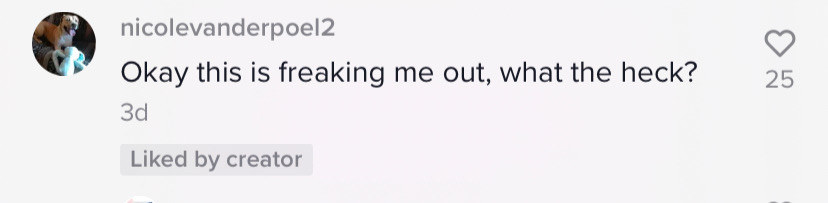 Screenshot of TikTok comment: &quot;Okay this is freaking me out, what the heck?&quot;