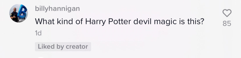 Screenshot of TikTok comment: &quot;What Kind of Harry Potter devil magic is this?&quot;