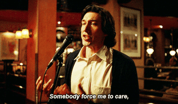 Charlie singing at a bar. The lyric he sings is &quot;somebody force me to care.&quot;