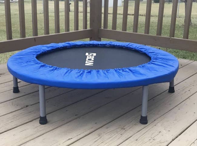 Reviewer image of the small trampoline with blue cover at the edges 