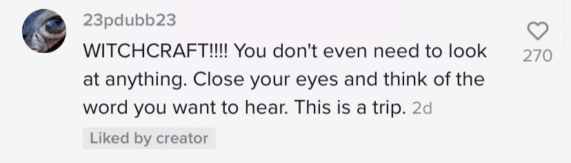 Screenshot of TikTok comment of someone calling it witchcraft