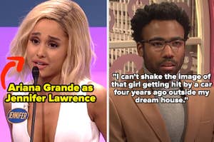 Ariana Grande impersonating Jennifer Lawrence; Donald Glover acting as a twentysomething creating Instagram captions for Barbie's Instagram account