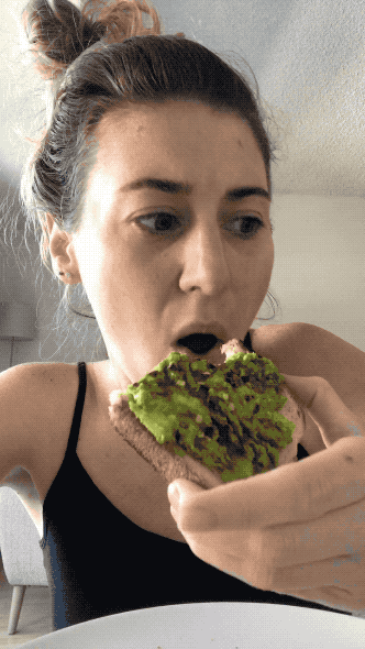 Farrah reacting to eating honey avocado toast