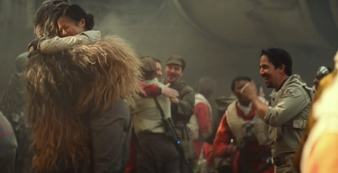 Lin-Manuel watches Chewbacca hug a fellow rebel